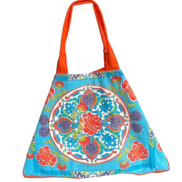 100% Cotton Bohemian Boho Signature Tote Bag in Aqua-Orange L - Picture 3 of 8
